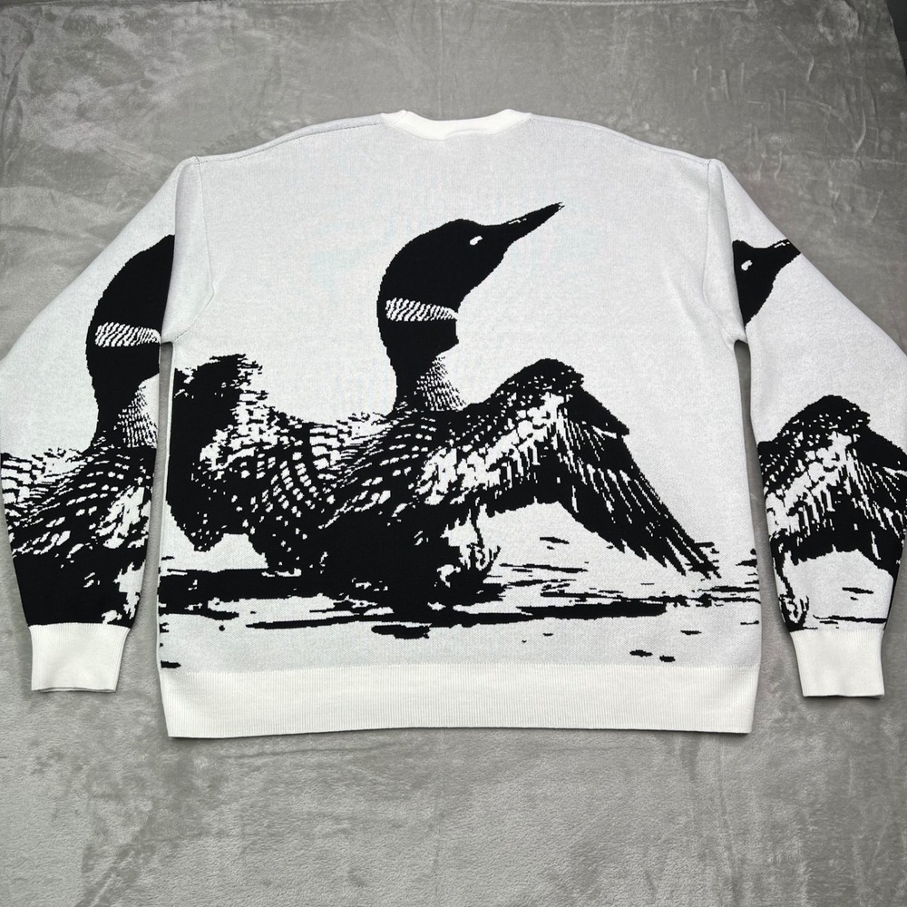 Waggle Loon Call Wildknit Crewneck Sweater Mens XL White Black Bird Graphic - Picture 5 of 11